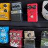 multiple guitar effects pedals with pedal board